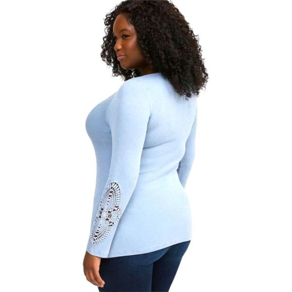 TORRID Plus Size Cotton Modal Blue Ribbed Scoop Neck Crochet Long Sleeve Top 2X - Picture 9 of 16